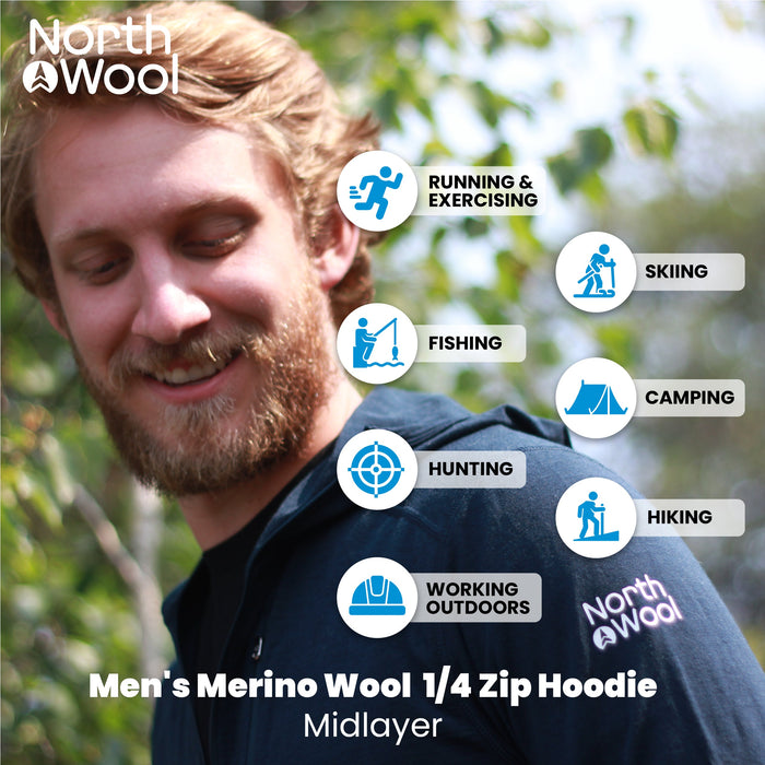 WOOLOVE - NORTHWOOL MEN'S MERINO WOOL 1/4 ZIP MIDLAYER HOODIE