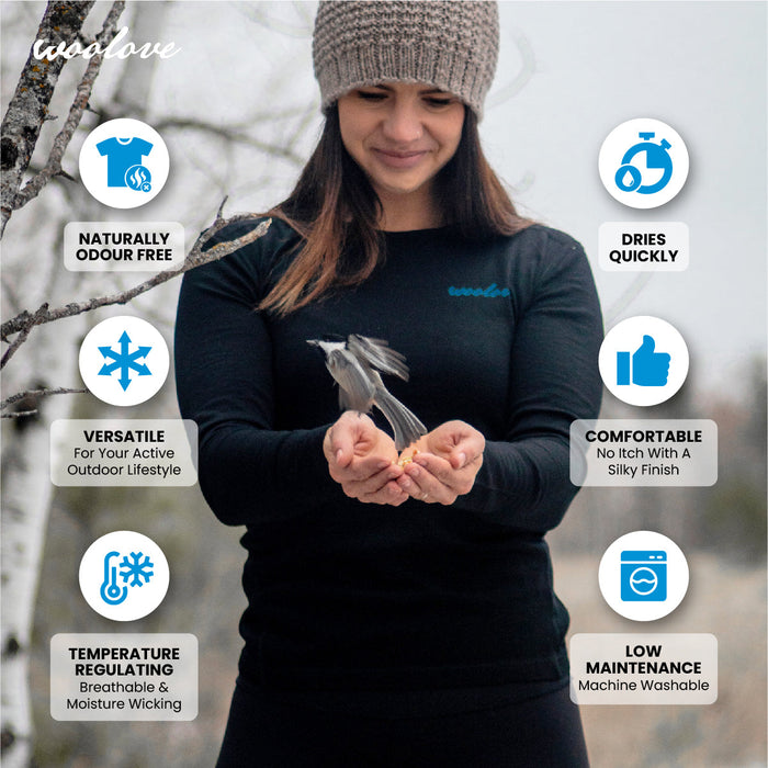 WOOLOVE - WOMEN'S 100% MERINO WOOL LONG SLEEVE CREW NECK BASE LAYER