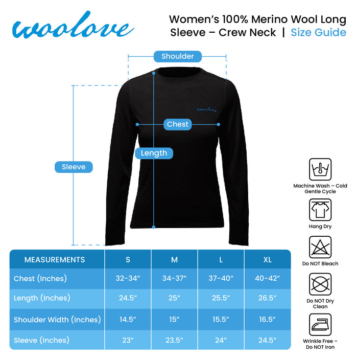 WOOLOVE - WOMEN'S 100% MERINO WOOL LONG SLEEVE CREW NECK BASE LAYER