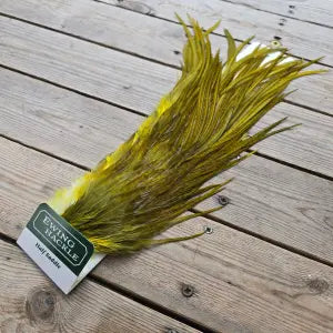 Bouquet of green feathers with a label on a wooden surface