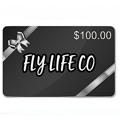 Black gift card with 'FLY LIFE CO' and a silver bow on a white background