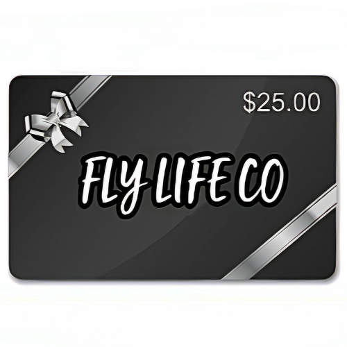 Gift card from Fly Life Co with a black background, silver ribbon, and white text.