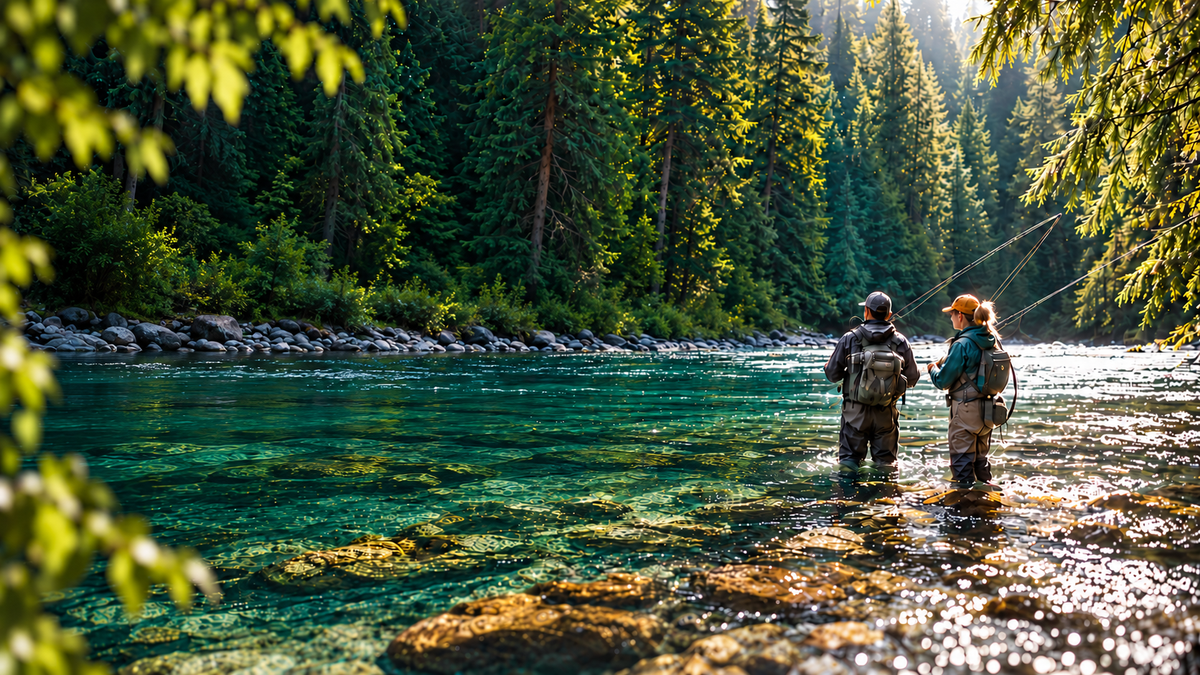 Two fly anglers on the right of a sunlit forest river