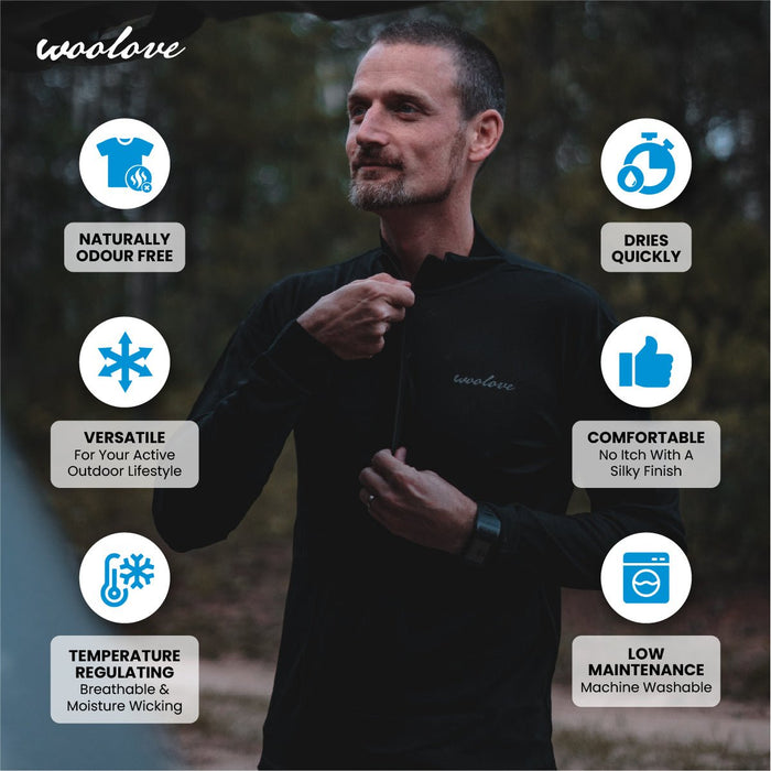 WOOLOVE - MEN'S 100% MERINO WOOL 1/4 ZIP BASELAYER PULLOVER