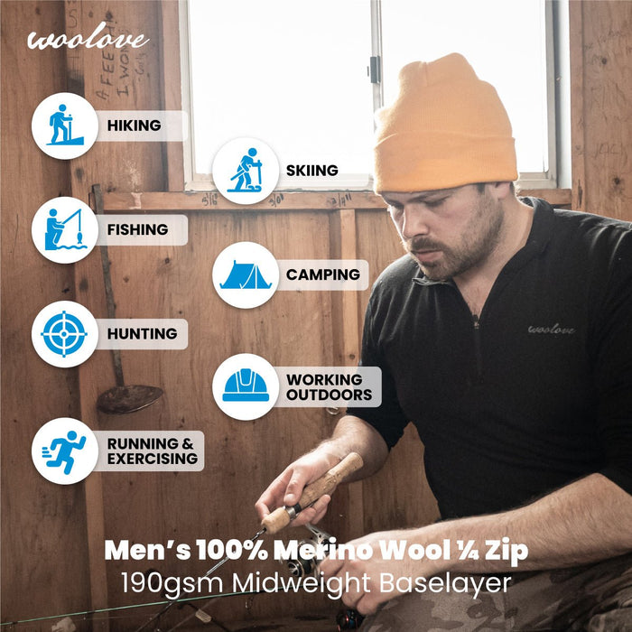 WOOLOVE - MEN'S 100% MERINO WOOL 1/4 ZIP BASELAYER PULLOVER