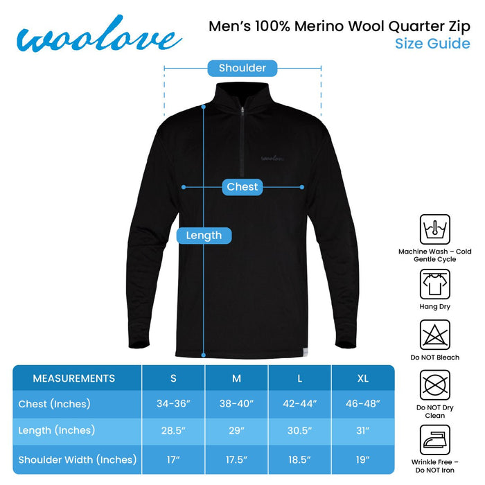 WOOLOVE - MEN'S 100% MERINO WOOL 1/4 ZIP BASELAYER PULLOVER