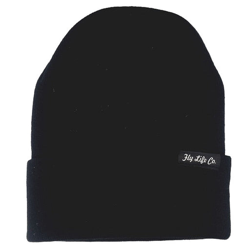 Black beanie with 'Fly Life Co' label on a white background
