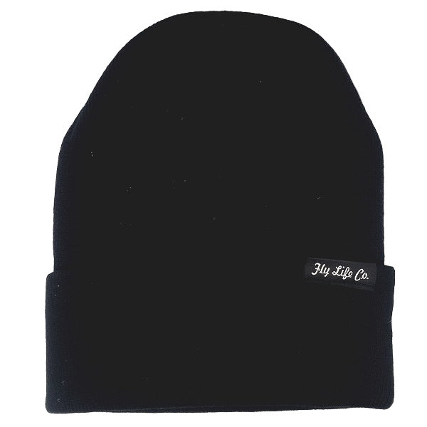 Black beanie with 'Fly Life Co' label on a white background