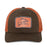 A brown mesh snapback hat with an orange patch on the front featuring a salmon graphic and the text 'FLY LIFE CO'.